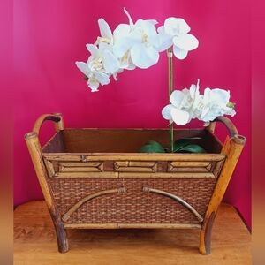 Vintage Chinoiserie Bamboo Rattan Footed Jardinière Planter with Handles